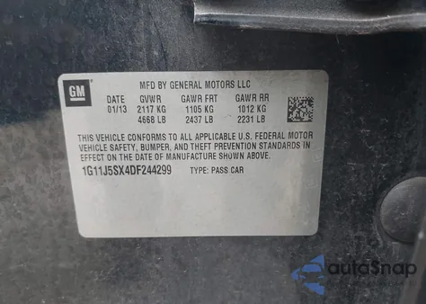 2013 Chevrolet Malibu 2Lz z USA, uszkodzony, nr VIN 1G11J5SX4DF244299